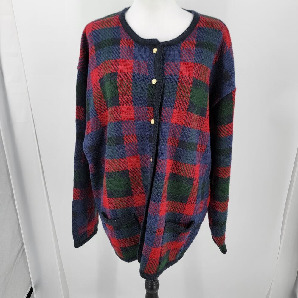 Kobe Sweater Womens 2X Blue Red Green Plaid Cardigan Button Up Pockets Vintage